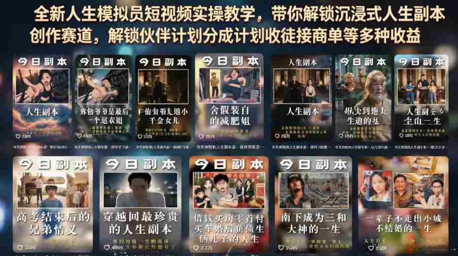 全新人生模拟员短视频实操教学,带你解锁沉浸式人生副本创作赛道,解锁伙伴计划分成计划收徒接商单等多种收益-造富网