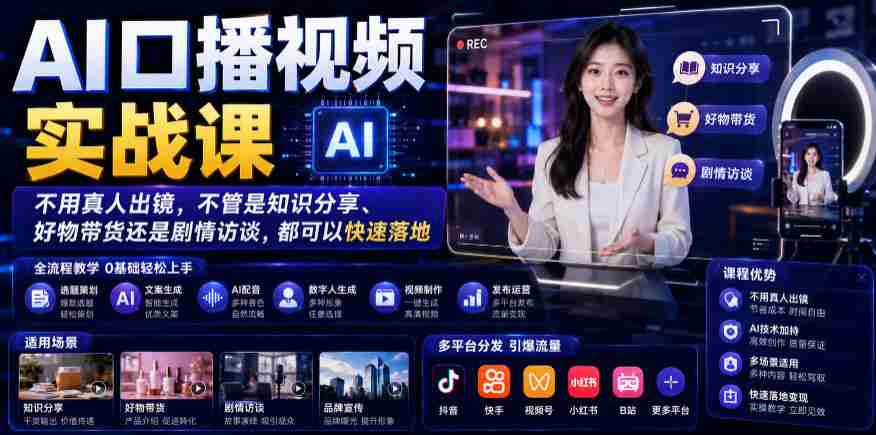 AI口播视频实战课,不用真人出镜,不管是知识分享、好物带货还是剧情访谈,都可以快速落地-造富网