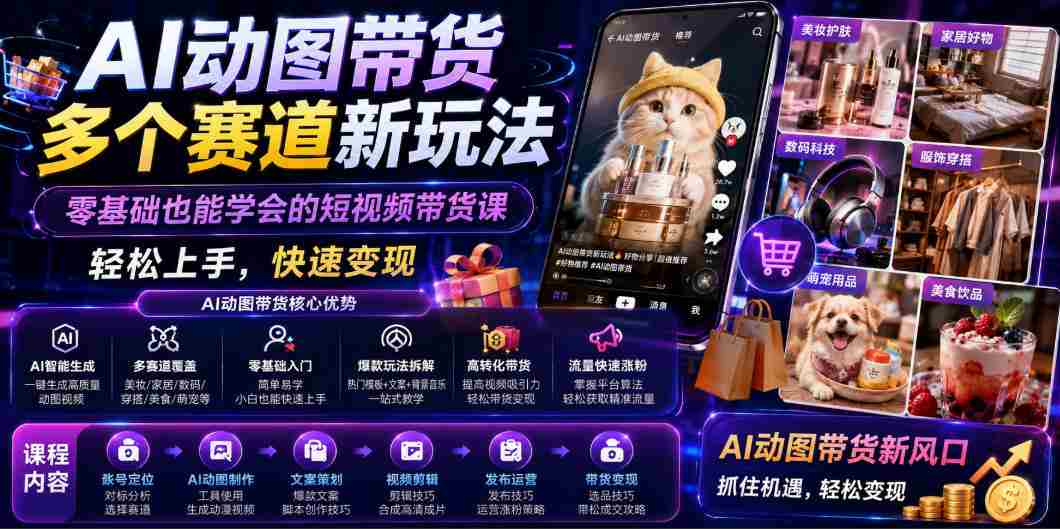 AI动图带货多个赛道新玩法,零基础也能学会的短视频带货课,轻松上手,快速变现-造富网