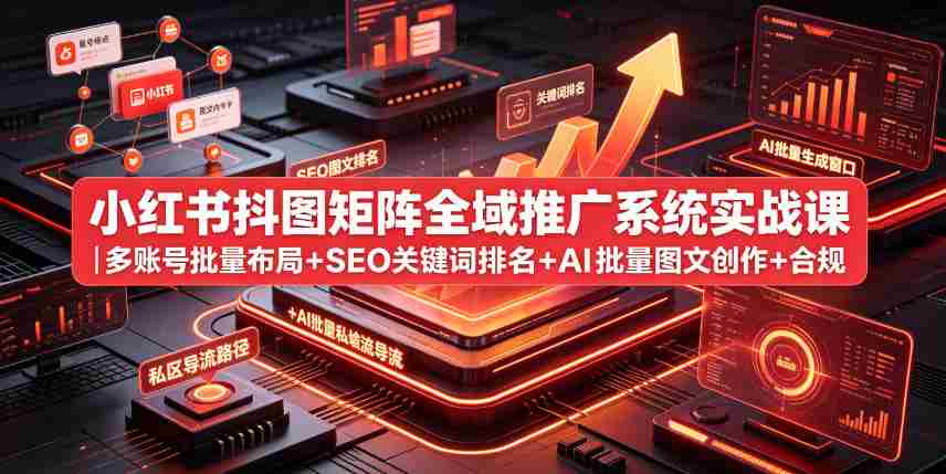 小红书抖图矩阵全域推广系统实战课|多账号批量布局+SEO关键词排名+AI批量图文创作+合规私域导流完整落地教程-造富网