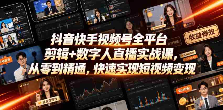 抖音快手视频号全平台剪辑+数字人直播实战课,从零到精通,快速实现短视频变现(更新2026年6月)-造富网