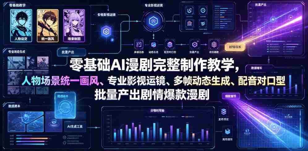 零基础AI漫剧完整制作教学,人物场景统一画风、专业影视运镜、多帧动态生成、配音对口型,批量产出剧情爆款漫剧-造富网