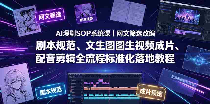 AI漫剧SOP系统课|网文筛选改编、剧本规范、文生图图生视频成片、配音剪辑全流程标准化落地教程-造富网