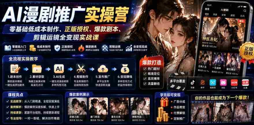 AI漫剧推广实操营|零基础低成本制作、正版授权、爆款剧本、剪辑运镜全变现实战课-造富网