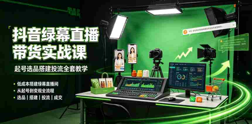 某社群抖音绿幕直播带货实战课,起号选品搭建投流全套教学,低成本搭建绿幕直播间-造富网