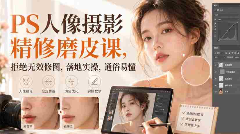 PS人像摄影精修磨皮课，拒绝无效修图，落地实操，通俗易懂-造富网