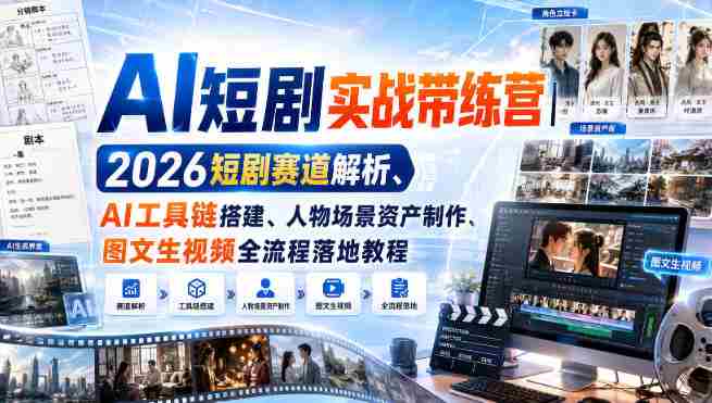 AI短剧实战带练营|2026短剧赛道解析、AI工具链搭建、人物场景资产制作、图文生视频全流程落地教程-造富网