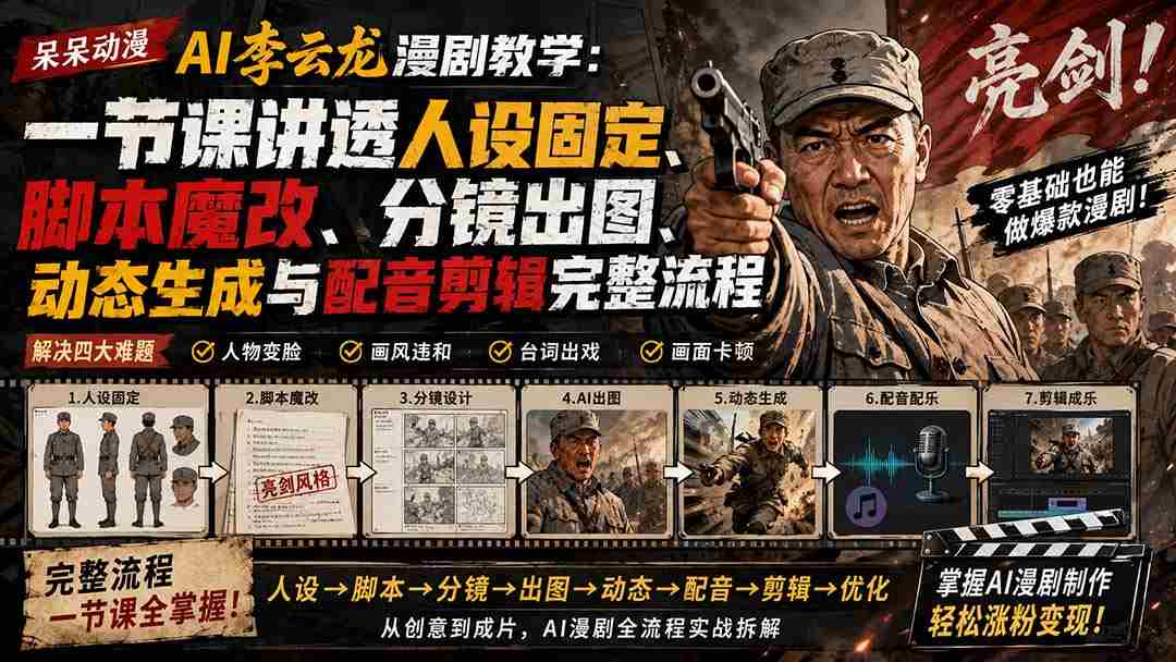 (20107期)呆呆动漫AI李云龙漫剧教学:一节课讲透人设固定、脚本魔改、分镜出图、动态生成与配音剪辑完整流程-造富网