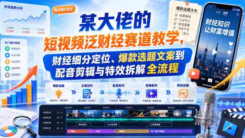 某大佬的短视频泛财经赛道教学,财经细分定位、爆款选题文案到配音剪辑与特效拆解全流程-造富网
