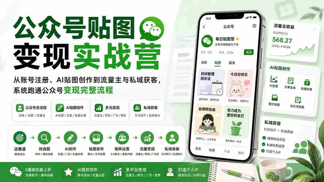 (20120期)公众号贴图变现实战营:从账号注册、AI贴图创作到流量主与私域获客,系统跑通公众号变现完整流程-造富网