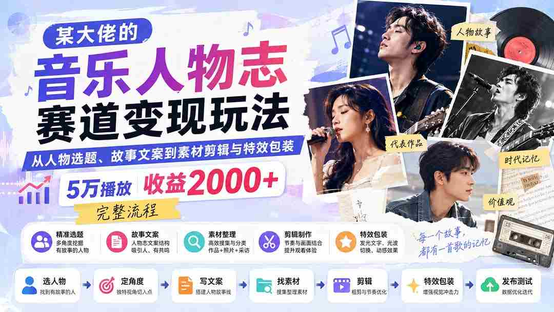 (20121期)某大佬的音乐人物志赛道变现玩法:从人物选题、故事文案到素材剪辑与特效包装,5万播放收益2000+完整流程-造富网