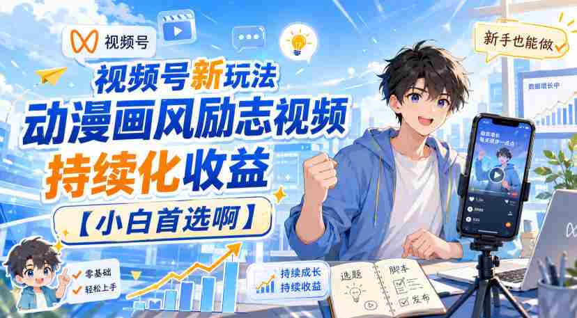 视频号新玩法动漫画风励志视频,持续化收益【小白首选啊】-造富网