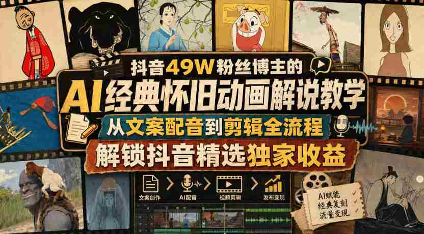 抖音49W粉丝博主的AI经典怀旧动画解说教学,从文案配音到剪辑全流程,解锁抖音精选独家收益-造富网