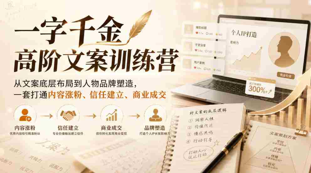 一字千金高阶文案训练营,从文案底层布局到人物品牌塑造,一套打通内容涨粉、信任建立、商业成交-造富网