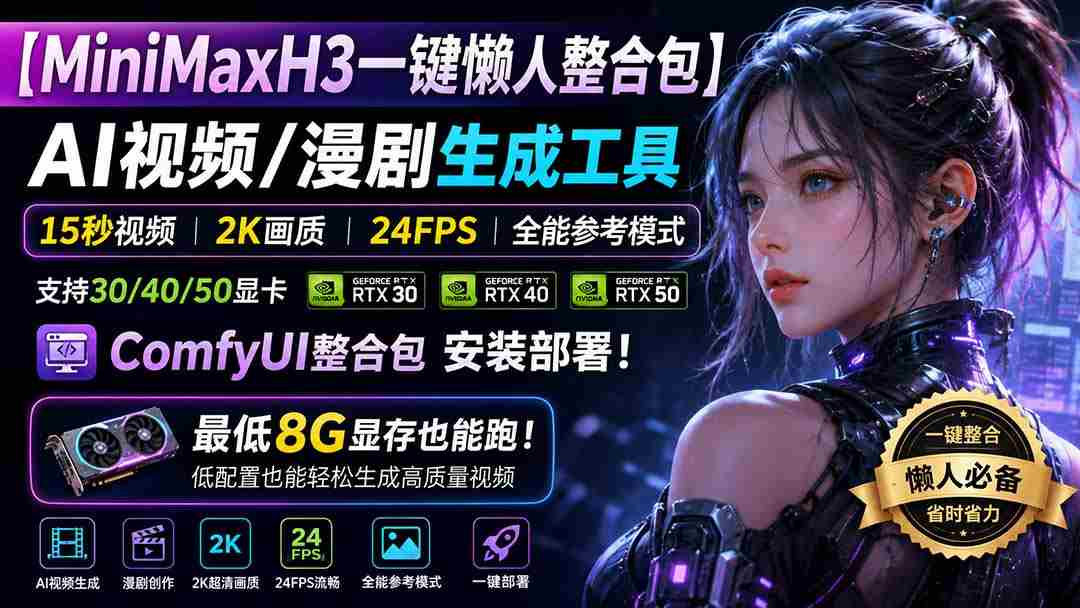 (20130期)MiniMaxH3一键懒人整合包:AI视频/漫剧生成工具,15秒视频_2K画质_24FPS_全能模式,支持30_40_50显卡,8g显存也能跑-造富网