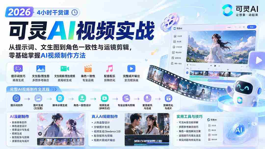 (20136期)2026可灵AI视频实战-4小时干货课:从提示词、文生图到角色一致性与运镜剪辑,零基础掌握AI视频制作方法-造富网