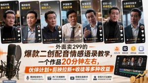 外面卖299的爆款二创配音情感语录教学，一个作品20分钟左右，伙伴计划+剪映拉新+收徒等多种收益-造富网