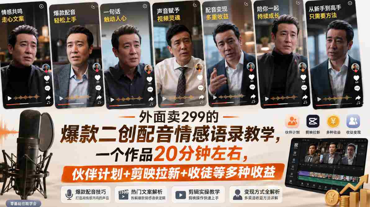 外面卖299的爆款二创配音情感语录教学，一个作品20分钟左右，伙伴计划+剪映拉新+收徒等多种收益-造富网
