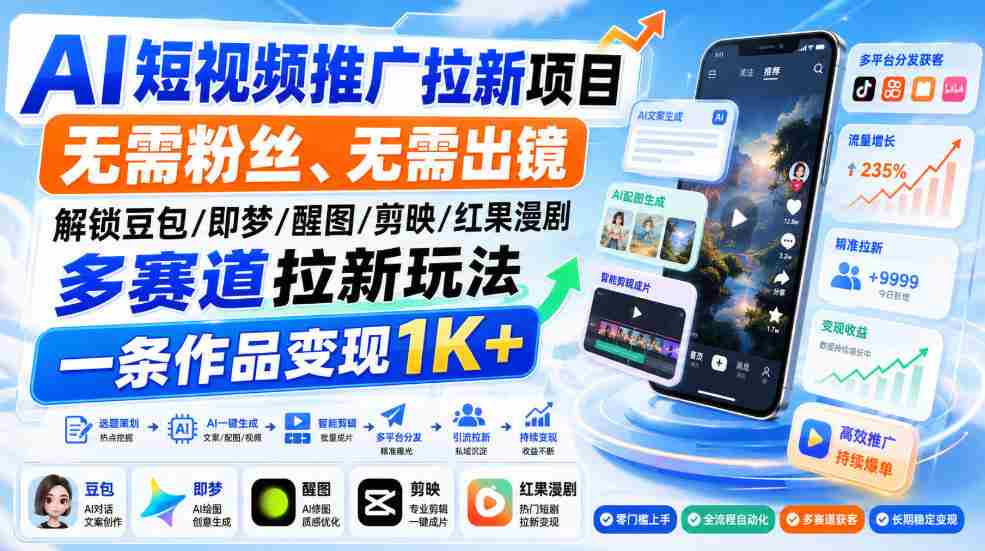 AI短视频推广拉新项目,无需粉丝、无需出镜,解锁豆包/即梦/醒图/剪映/红果漫剧多赛道拉新玩法,一条作品变现1K+-造富网