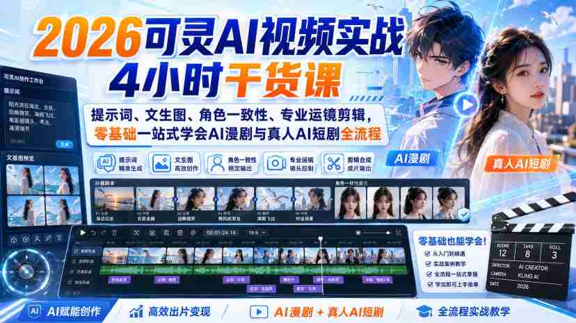 2026可灵AI视频实战4小时干货课|提示词、文生图、角色一致性、专业运镜剪辑,零基础一站式学会AI漫剧与真人AI短剧全流程-造富网