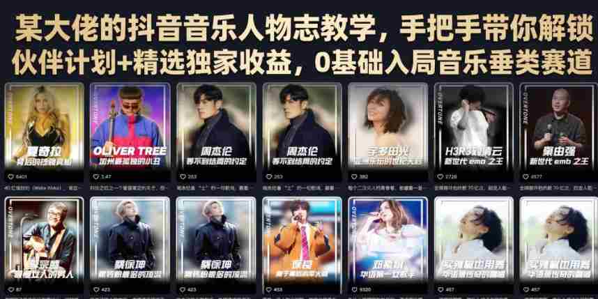 某大佬的抖音音乐人物志教学,手把手带你解锁伙伴计划+精选独家收益,0基础入局音乐垂类赛道-造富网
