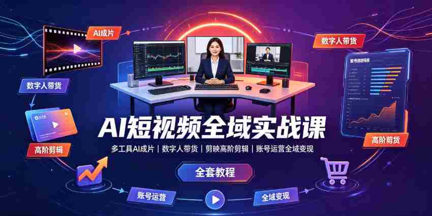 AI短视频全域实战课|多工具AI成片、数字人带货、剪映高阶剪辑、账号运营全域变现全套教程-造富网