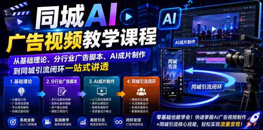 同城AI广告视频教学课程,从基础理论、分行业广告脚本、AI成片制作到同城引流闭环一站式讲透-造富网