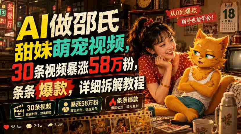 AI做邵氏甜妹萌宠视频，30条视频暴涨58万粉，条条爆款，详细拆解教程-造富网