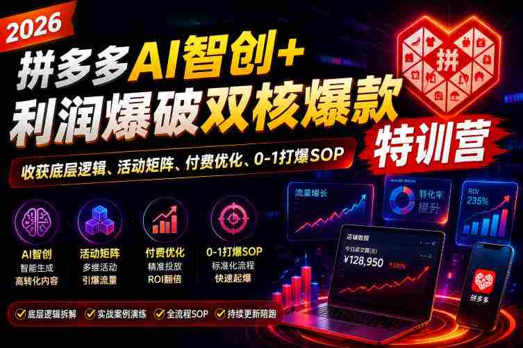 2026拼多多AI智创+利润爆破双核爆款特训营,收获底层逻辑、活动矩阵、付费优化、0-1打爆SOP-造富网