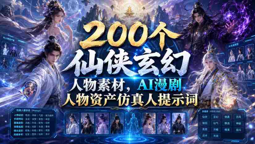 200个仙侠玄幻人物素材,AI漫剧人物资产仿真人提示词-造富网