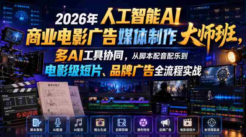 2026年人工智能AI商业电影广告媒体制作大师班,多AI工具协同,从脚本配音配乐到电影级短片、品牌广告全流程实战(中英字幕)-造富网