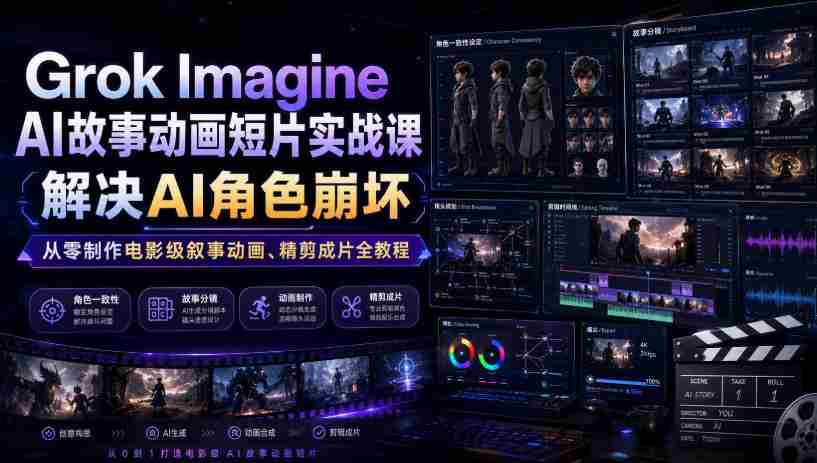 Grok Imagine AI故事动画短片实战课|解决AI角色崩坏,从零制作电影级叙事动画、精剪成片全教程(中英字幕)-造富网