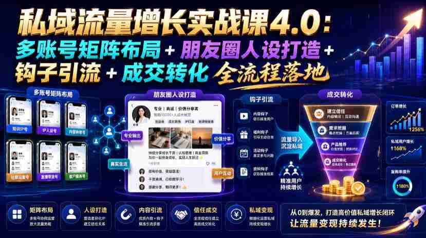 私域流量增长实战课4.0:多账号矩阵布局+朋友圈人设打造+钩子引流+成交转化全流程落地-造富网