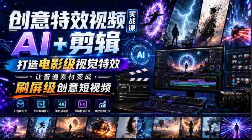 创意特效视频实战课,AI+剪辑打造电影级视觉特效,让普通素材变成刷屏级创意短视频-造富网