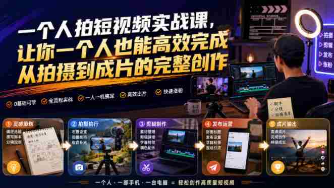 一个人拍短视频实战课,让你一个人也能高效完成从拍摄到成片的完整创作-造富网