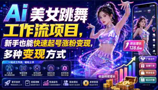 Ai美女跳舞工作流项目,新手也能快速起号涨粉变现,多种变现方式-造富网