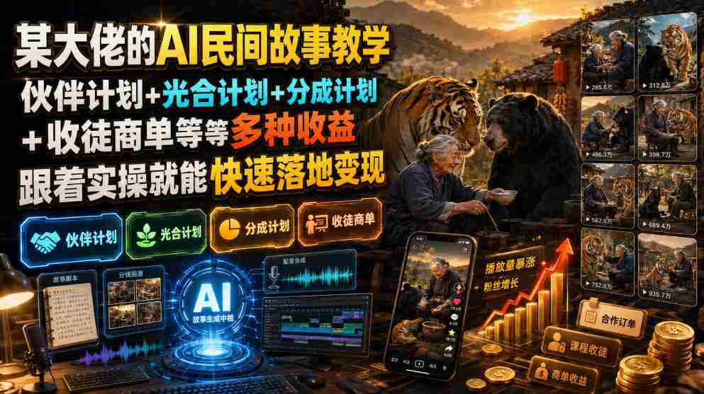 某大佬的AI民间故事教学,伙伴计划+光合计划+分成计划+收徒商单等多种收益,跟着实操就能快速落地变现-造富网
