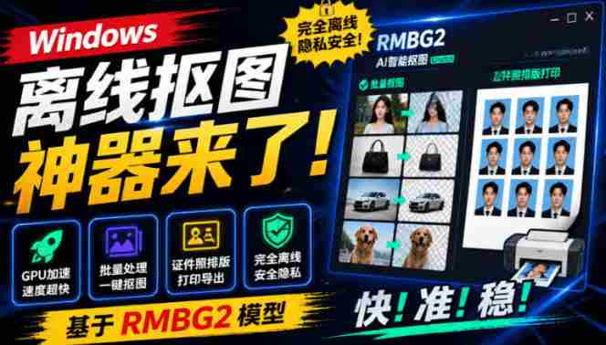 Windows离线抠图神器来了!支持批量抠图+证件照排版打印,基于RMBG2模型,GPU加速方块AI抠图-造富网