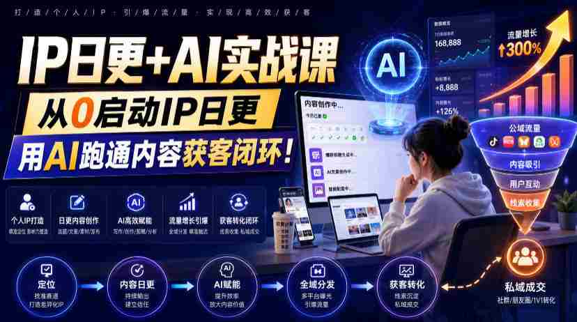 IP日更+AI实战课，从0启动IP日更，IP置顶视频制作+100条选题库搭建+10条日更规划，用AI跑通内容获客闭环!-造富网