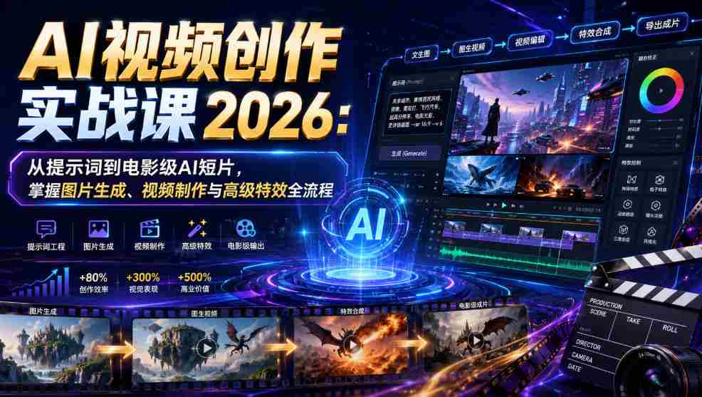 AI视频创作实战课2026:从提示词到电影级AI短片,掌握图片生成、视频制作与高级特效全流程-造富网