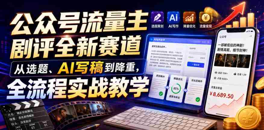 公众号流量主剧评全新赛道,从选题、AI写稿到降重,全流程实战教学-造富网