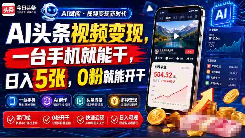AI头条视频变现,一台手机就能干,日入5张,0粉就能开干-造富网