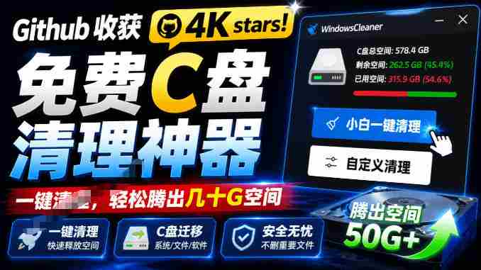 Github收获4K stars!免费C盘清理神器,轻松腾出几十G空间,支持C盘迁移Windows Cleaner-造富网