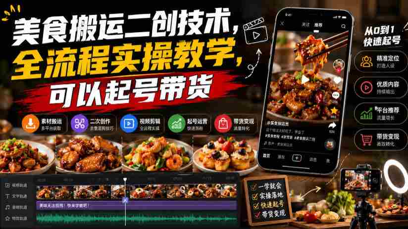 美食搬运二创技术,全流程实操教学,可以起号带货-造富网