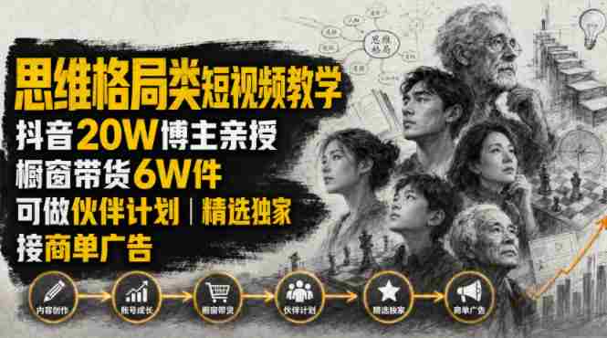 人性思维格局类短视频教学,抖音20W博主亲授,橱窗带货6W件,可做伙伴计划、精选独家、接商单广告-造富网