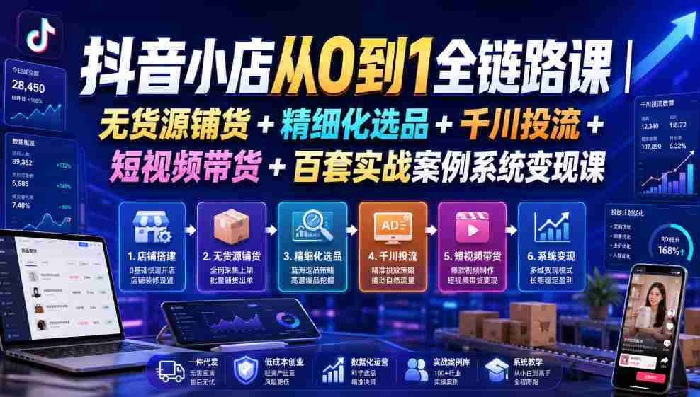 抖音小店从0到1全链路课|无货源铺货+精细化选品+千川投流+短视频带货+百套实战案例系统变现课(2026年7月更新)-造富网