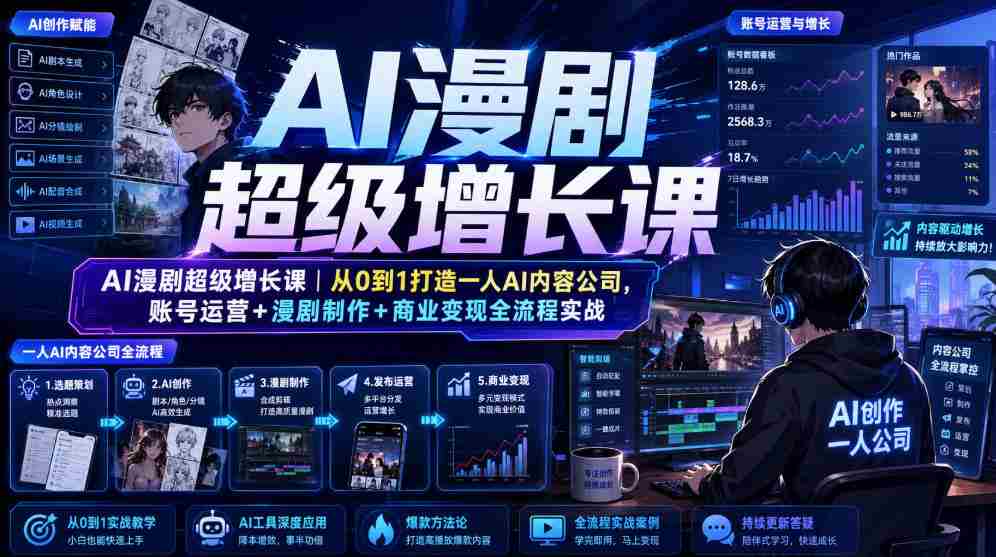 AI漫剧超级增长课|从0到1打造一人AI内容公司,账号运营+漫剧制作+商业变现全流程实战-造富网