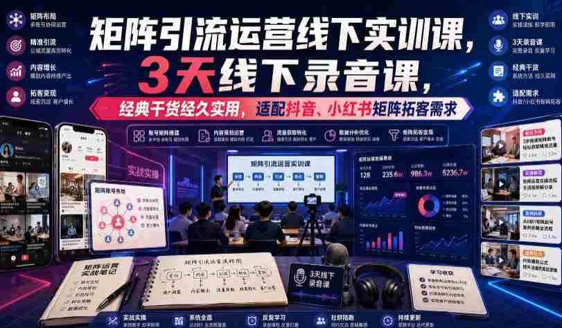 嗨推矩阵引流运营线下实训课,3天线下录音课,经典干货经久实用,适配抖音、小红书矩阵拓客需求-造富网