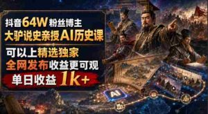 抖音64W粉丝博主大驴说史亲授AI历史课,可以上精选独家,全网发布收益更可观,单日收益1k+-造富网