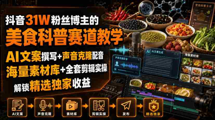 抖音31W粉丝博主的美食科普赛道教学,AI文案撰写+声音克隆配音+剪辑实操,解锁精选独家收益-造富网
